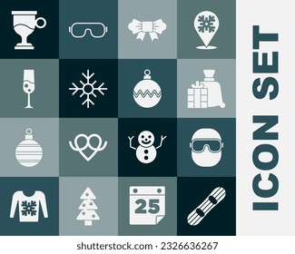Set Snowboard, Ski goggles, Santa Claus bag gift, Bow tie, Snowflake, Glass of champagne, Mulled wine and Christmas ball icon. Vector