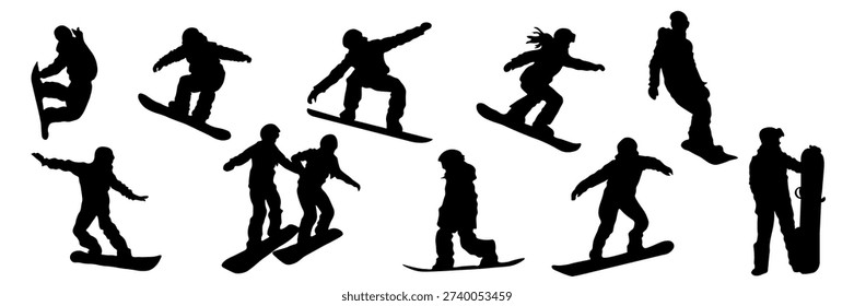 Set of snowboarder silhouettes in different action poses including jumping, riding and freestyle tricks. Black flat vector silhouettes isolated on white background. Winter sport and extreme activity concept.