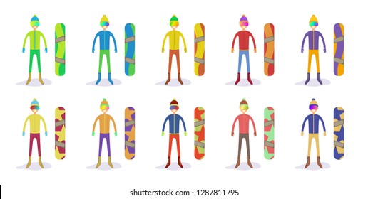 set of snowboarder with snowboard flat vector illustration