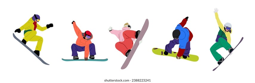 Set of Snowboarders jumping. Young man, woman wearing winter sport clothes riding snow board. Extreme winter sport. Outdoor holiday activity. Vector illustration isolated on white background.