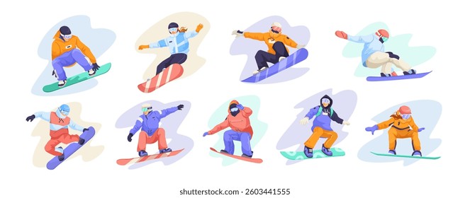 Set of snowboarders performing tricks in winter sports outfits. Vector illustration