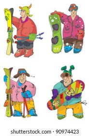 set of snowboarders and skiers