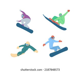 Set of snowboarders with tricks isolated on white background. Flat Art Vector Illustration