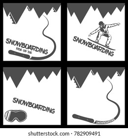 Set Snowboarding background. mountains and descending board