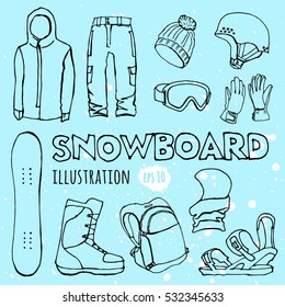 Set of snowboarding elements line icons. Winter sport equipment and gear vector. active lifestyle collection. Snowboard travel set.