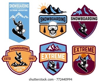 Set of snowboarding emblems. Design element for logo, label, emblem, sign. Vector illustration