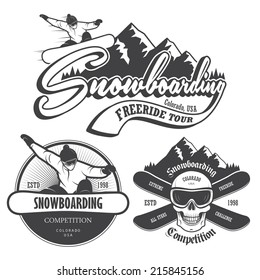 Set of snowboarding emblems, labels and designed elements. Extreme theme, winter games, outdoors adventure.