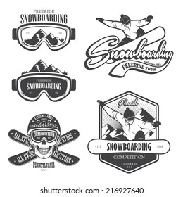 Set of snowboarding emblems, labels and designed elements. Extreme theme, winter games, outdoors adventure. Set 2