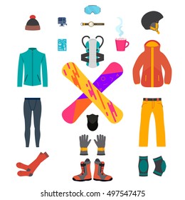 Conjunto de iconos de equipos de snowboard en fondo blanco. Ropa aislada de snowboard y elementos de herramientas de esquí. Ropa interior térmica y equipo protector. Concepto de deporte invernal. Ilustración vectorial.