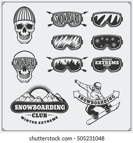 Set of Snowboarding extreme labels, emblems, badges and design elements. Vintage mountain adventure symbols.