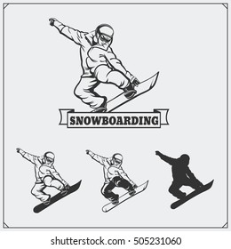 Set of Snowboarding extreme labels, emblems, badges and design elements. 