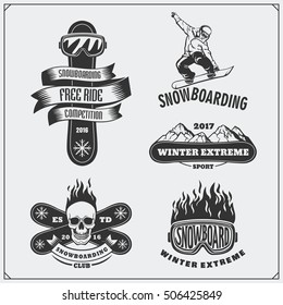 Set of Snowboarding extreme labels, emblems, badges and design elements. Vintage mountain adventure symbols.