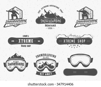 Set of Snowboarding extreme logo and label templates. Winter snowboard sport store badge. Emblem and icon Mountain Adventure insignia, symbol and element Vector vintage monochrome style. Retro design