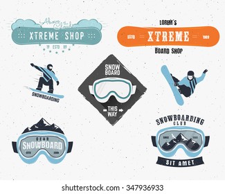 Set of Snowboarding extreme logo and label templates. Winter snowboard sport store badge. Emblem and icon. Mountain Adventure insignia, symbol and element Vector vintage color style. Retro design.