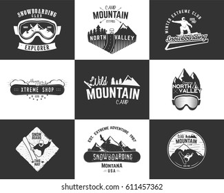 Set of Snowboarding extreme logo and label templates. Winter snowboard sport store badges, emblems. Mountain Adventure insignias with snowboarders man, rv symbol. Vector vintage monochrome style..