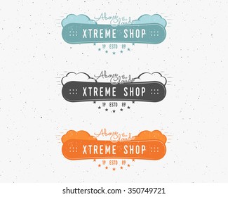 Set of Snowboarding extreme shop logo, label templates Winter snowboard sport store badge. Emblem and icon. Mountain Adventure insignia, symbol, element  Sports Vector vintage color design. Sky theme.