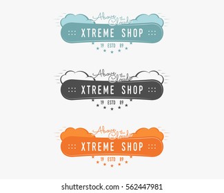 Set of Snowboarding extreme shop logo, label templates. Snowboard and sky elements. Vector