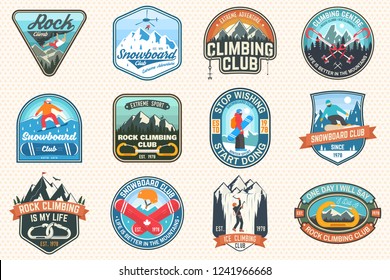 Set of Snowboarding and Rock Climbing club patches. Vector. Concept for patch, shirt, print, stamp or tee. Vintage typography design with snowboarder, climber and mountain silhouette. Extreme sport.