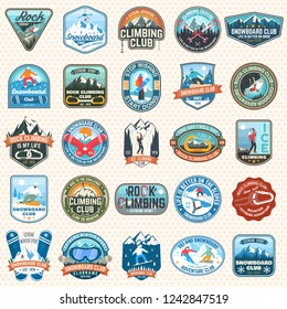 Set of Snowboarding and Rock Climbing club patches. Vector. Concept for patch, shirt, print, stamp or tee. Vintage typography design with snowboarder, climber and mountain silhouette. Extreme sport.