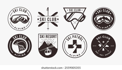 Set of snowboarding ski logo vector on white background