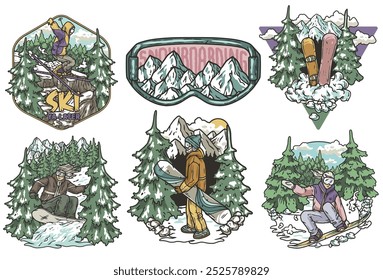 Set of snowboarding and skiing colorful vintage badges with snowboarders and skiers riding on snowy mountain slopes, pines and sun on background