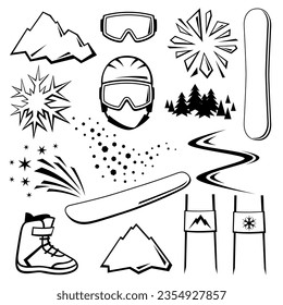 Set of snowboarding symbols. Winter sport illustration.