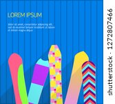 Set of snowboards Vector illustration Several different colourful snowboards are standing at a blue wall Poster template with copy space