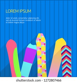 Set of snowboards Vector illustration Several different colourful snowboards are standing at a blue wall Poster template with copy space
