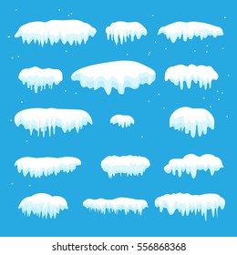 Set of snow-cap, ice caps on blue transparent background. Snowdrifts, icicles, elements winter decor. Christmas and New Year Holiday decoration. Snow caps Vector illustration Snow cap covering texture