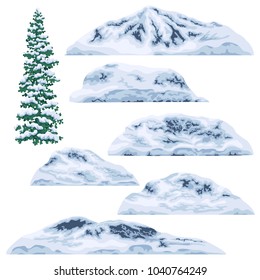 Set snow  capped mountains   hills isolated white background  Winter fir tree   glaciers  Nature landscape design elements  Vector flat illustration 