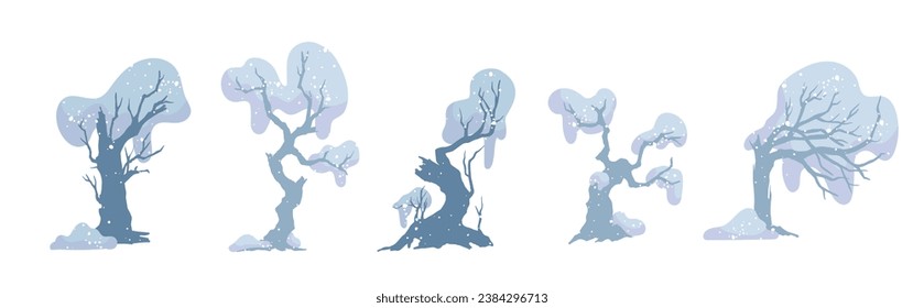 Set of snow-covered winter trees. Vector graphics.