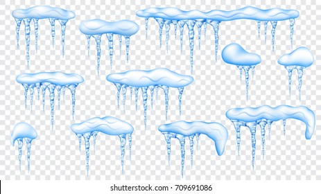 Set of snowdrifts with translucent blue icicles on transparent background. Transparency only in vector file