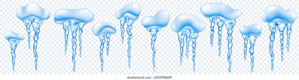 Juego de nevadas con unos círculos realistas azules translúcidos de diferentes longitudes, aislados sobre un fondo transparente. Transparencia sólo en formato vectorial