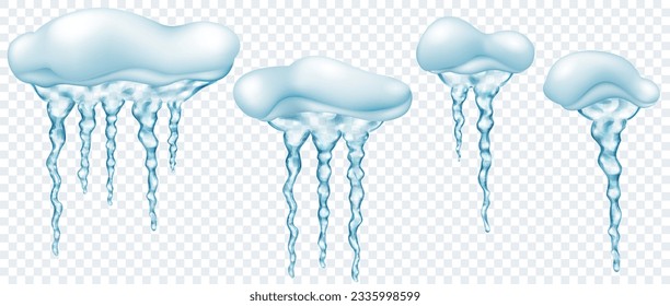 Set of snowdrifts with translucent gray realistic icicles of different lengths, isolated on transparent background. Transparency only in vector format