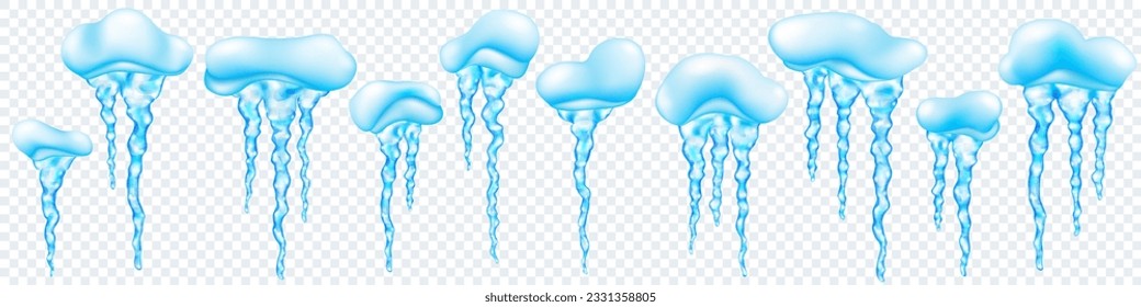 Juego de nevadas con partículas realistas de color azul claro translúcidas de diferentes longitudes, aisladas sobre fondo transparente. Transparencia sólo en formato vectorial