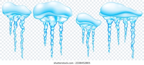 Set of snowdrifts with translucent light blue realistic icicles of different lengths, isolated on transparent background. Transparency only in vector format