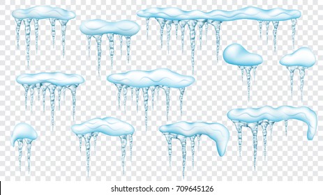 Set of snowdrifts with translucent light blue icicles on transparent background. Transparency only in vector file