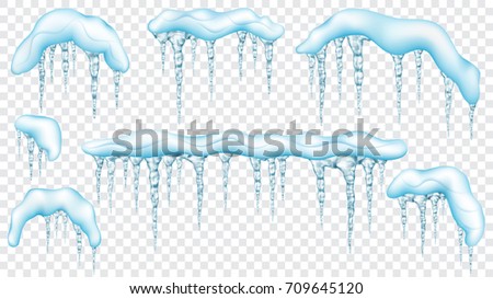 Set of snowdrifts with translucent light blue icicles on transparent background. Transparency only in vector file