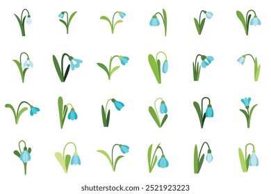 Set of snowdrop icons showing different positions and shapes of the first spring flowers