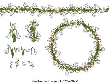 Set with snowdrops and herbs. Hand Drawn flowers for invitation, wedding or postcard. EPS 10 vector illustration.