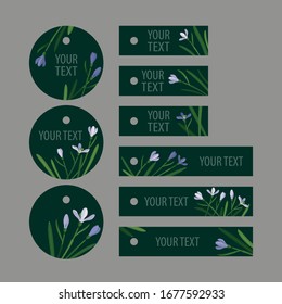 set snowdrops on a green background: 
three round tags and six stripe tags 