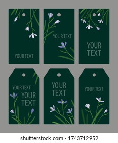 set snowdrops on a green background:
six long vertical tags 