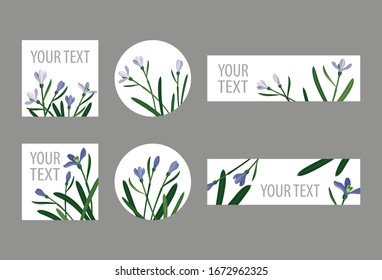 set  snowdrops on a white background: 
two square, two round and two rectangular tags