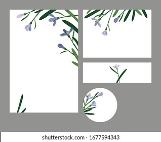 set of snowdrops on a white background, 
one vertical postcard, one card, one strip, 
one tag