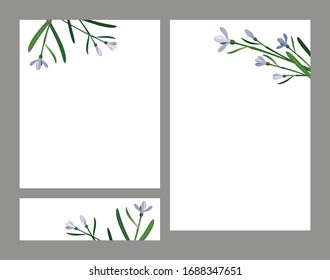 set of snowdrops on a white background, 
one vertical postcard, one card, one strip