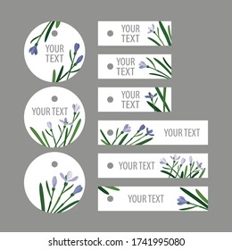 set snowdrops on a white background: 
three round tags and six stripe tags 
