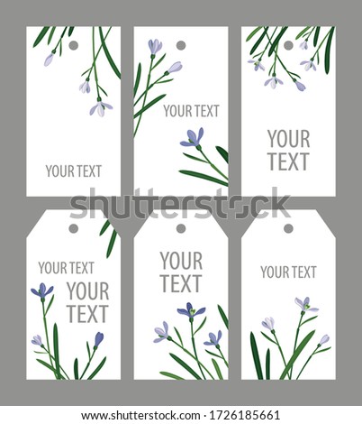 set snowdrops on a white background:
six long vertical tags 