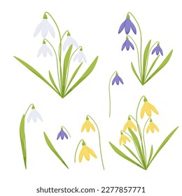 conjunto de gotas de nieve blancas, violetas, amarillas. en un fondo transparente. vector