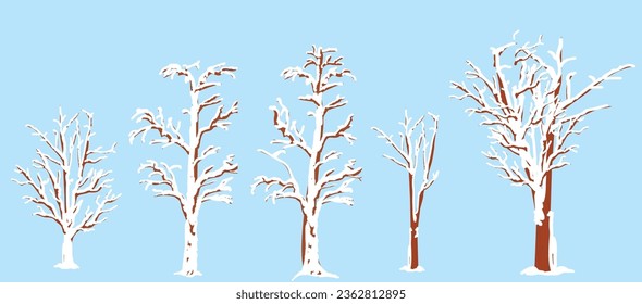 Set of snowed trees for winter landscapes and design elements. Vector illustration isolated on blue background.