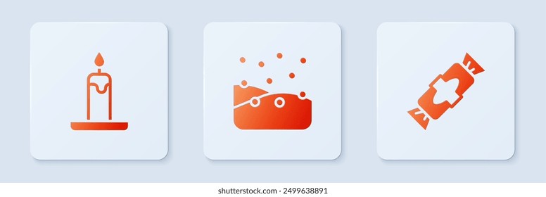 Set Snowfall, Burning candle and Candy. White square button. Vector